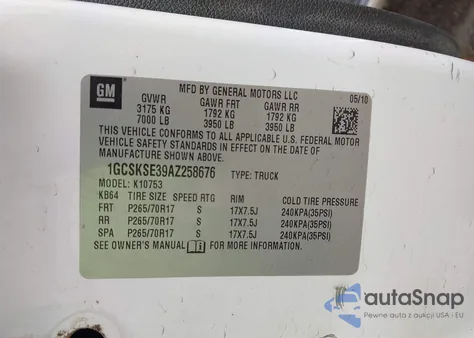 2010 Chevrolet Silverado 1500 Lt z USA, uszkodzony, nr VIN 1GCSKSE39AZ258676